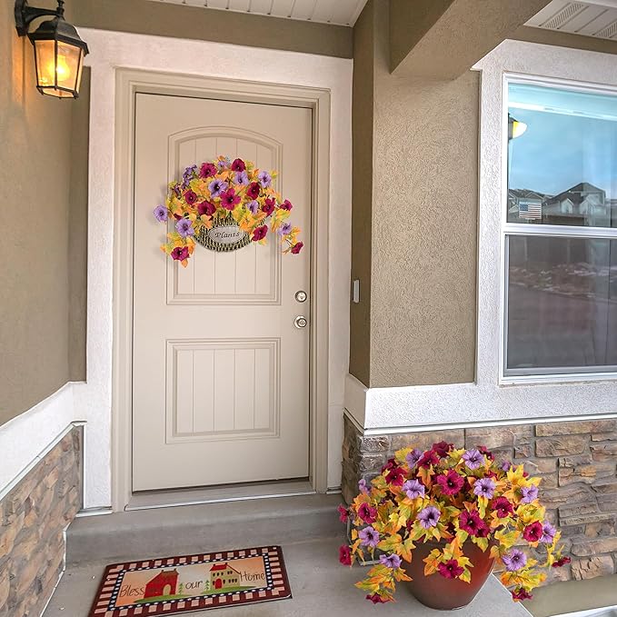 Fall Flowers Artificial for Decoration Fake Petunias Plants for Outdoor, 2PCS Autumn Silk Faux Flower UV Resistant No Fade Floral for Garden Balcony Yard Porch Realistic Indoor Decor (Burgundy Purple)