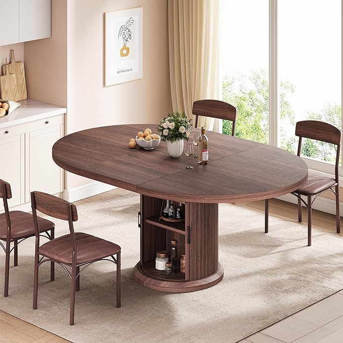 Extendable Round Kitchen Dining Room Table for 4-6 with 2-Tier Storage Shelf, 63'' Space Saving Expandable Wood Oval Circle Dinner Furniture with Pedestal Base (Brown)