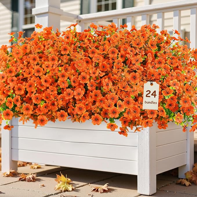 SHareconn 24 Bundles Artificial Fall Flowers for Outdoors Decoration, UV Resistant Silk Eucalyptus Lavender Faux Autumn Fake Plants for Outside Indoor Garden Yard Porch Home Decor, Orange