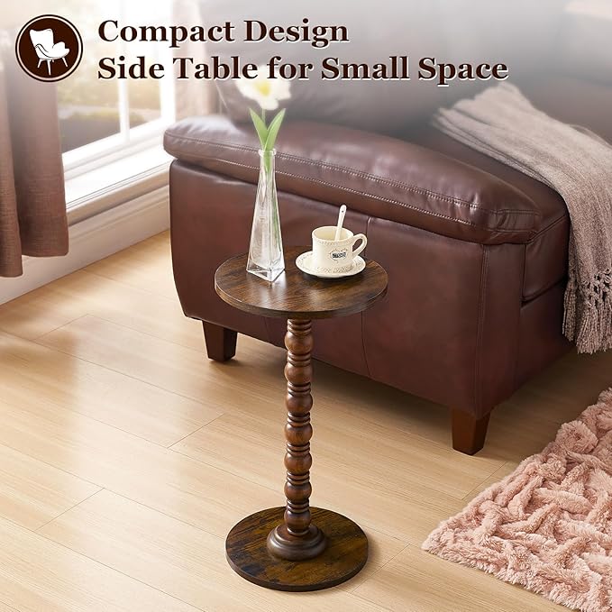 Round Side Table,Stable Small Drink Table for Small Spaces, Modern Accent Side Table with Solid Rubber Wood Table Leg,Easy Assembly for Living Room, Bedroom, Sofa & Office Corners-Rustic Brown