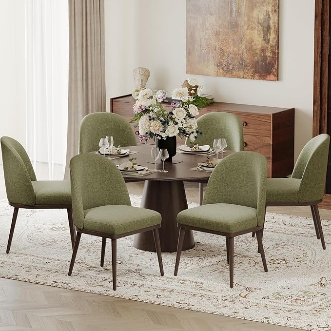 Upholstered Dining Chairs Set of 6, Large Dining Room Kitchen Chairs with High Back and Deep Seat, Modern Fabric Dinner Chairs with Wood Legs, Green
