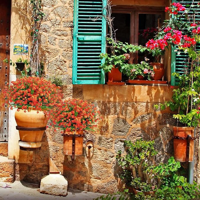 Ouddy Decor 24 Bundles Artificial Fall Flowers for Outdoors Decoration UV Resistant Fake Mums Faux Plastic Plants for Indoor Outdoor Home Garden Porch Autumn Harvest Decor, Orange