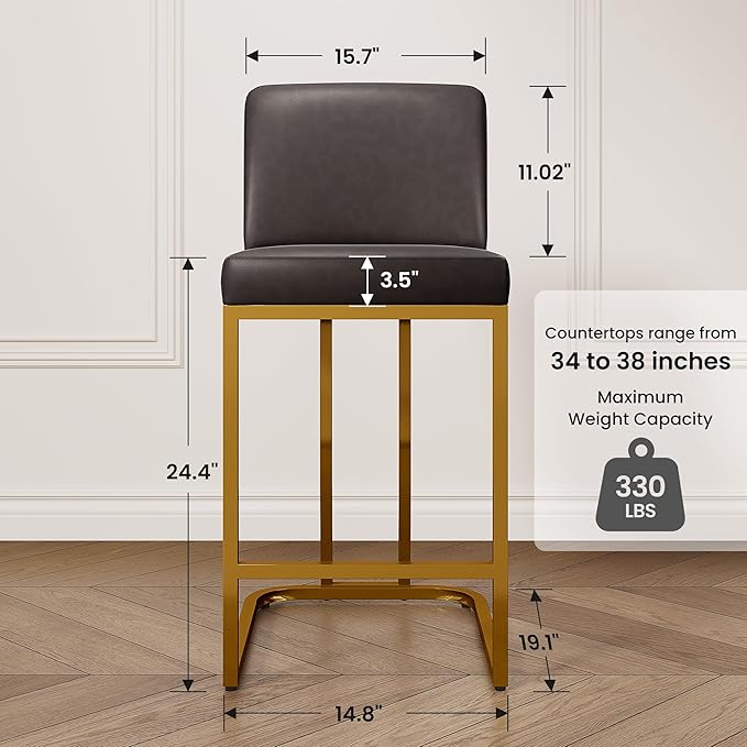 PHI VILLA Grey and Gold Bar Stools Set of 4, Faux Leather Counter Height Chairs, Kitchen Stools for Island, 24 Inch Barstools with Back