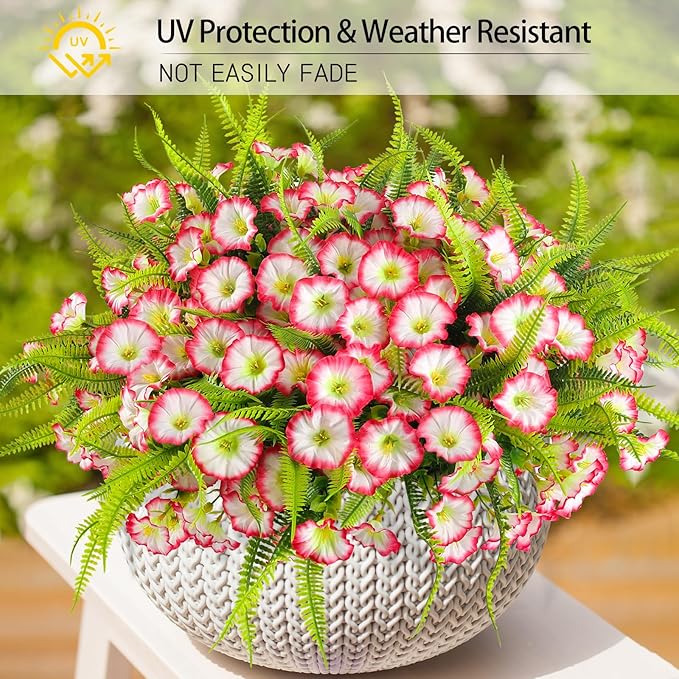 Artificial Flowers Outdoors 12 Bundles Pink Artificial Petunias Fake Flowers UV Resistant Shrubs Plants with Fern for Indoor Outside Hanging Planters Home Garden Summer Decorations