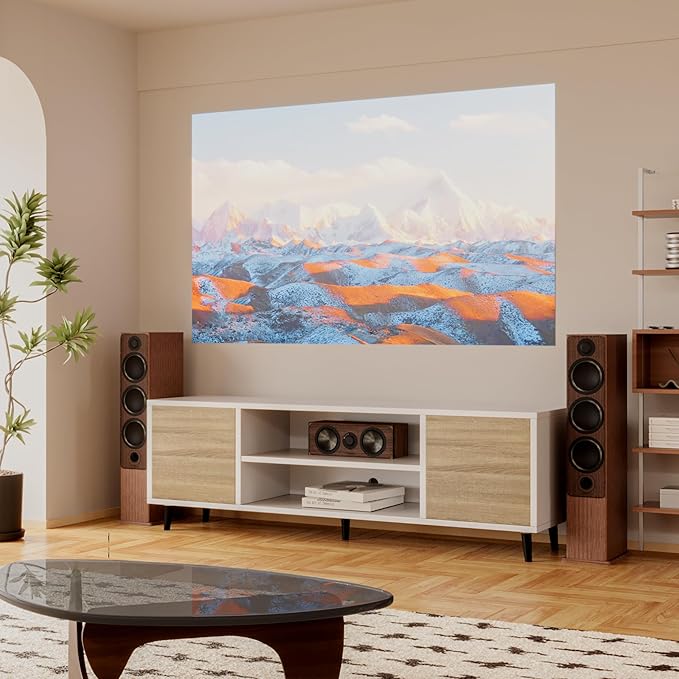 YESHOMY Modern TV Stand for 65" Television, Entertainment Center with Two Storage Cabinets and Open Shelves, Retro Style Media Console for Living Room, Bedroom, Office, 58 Inch, White & Beige