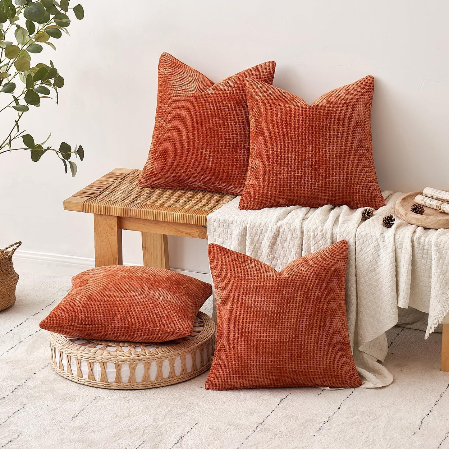 MIULEE Fall Pack of 4 Couch Throw Pillow Covers 16x16 Inch Burnt Orange Soft Decorative Chenille Pillow Covers Farmhouse Accent Cushion Covers for Boho Home Decor Sofa Bedroom Living Room