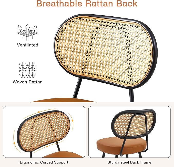 BFZ Counter Height Bar Stools Set of 2, 26" Seat Height Barstools with Rattan Back and Metal Legs, Upholstered Faux Leather Bar Chairs for Kitchen Island, Home Bar, Brown