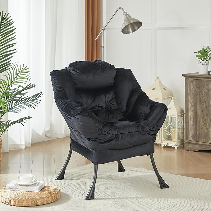 HollyHOME Fabric Large Lazy Chair for Living Room Chair Accent Reading Chair Cozy Lounge Chair with Armrest Leisure Sofa Chair for Bedroom, Dorm, Black
