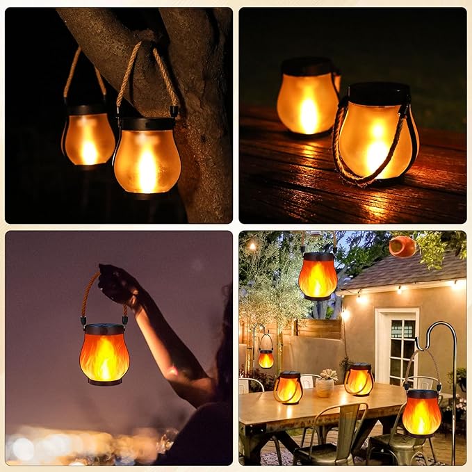 Solar Lanterns Outdoor Waterproof, 2 Pack Dancing Flame Solar Lantern Outdoor Lights, USB/Solar Powered Hanging Outdoor Lanterns Decorative for Outside Porch Yard Garden Patio Decor