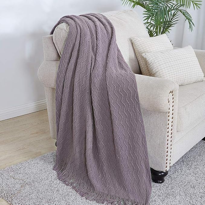 BOURINA Dark Lavender Throw Blanket 50x60 Inches Throw Textured Solid Soft Sofa Couch Decorative Knitted Blanket