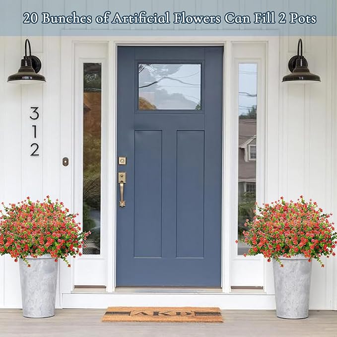Outdoor Artificial Flowers UV Resistant, 20 Bundles Fake Realistic Floral Greenery Plants for Outside Porch, Window Boxes, Garden, Yard, Inside Home Table Decor, Red