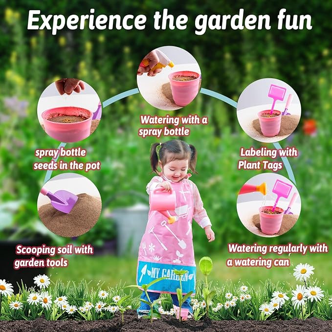 Kids Pink Gardening Tools Set, Garden Toys w/Metal Rake, Shovel, Trowel, Watering Can, Gloves, Tote Bag, Plant pots, DIY Bookmark Kits, Spring Summer Toy Outdoor Gift for Toddler Boy Girl
