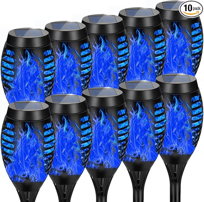 Solar Lights Outdoor, Upgraded 10 Pack Blue Solar Torch Light with Flickering Flame for Garden Decor, Waterproof Outdoor Lights Solar Powered, Tiki Torches for Outside Yard Patio Pathway Decor