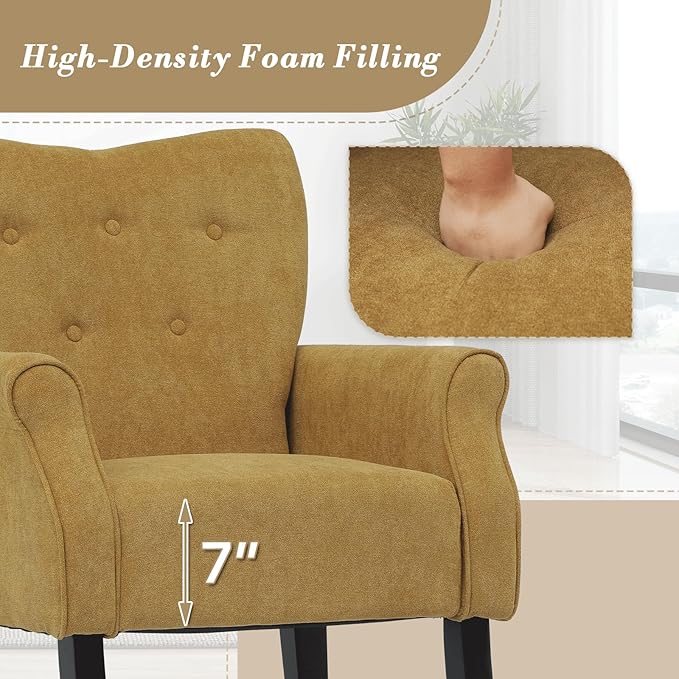 Athena Collection Mid Century Modern Chair for Living Room, Upholstered Wingback Reading Chair for Adults, Comfy Linen Fabric Armchair with Wooden Legs for Bedroom, Dorm, Balcony, Yellow