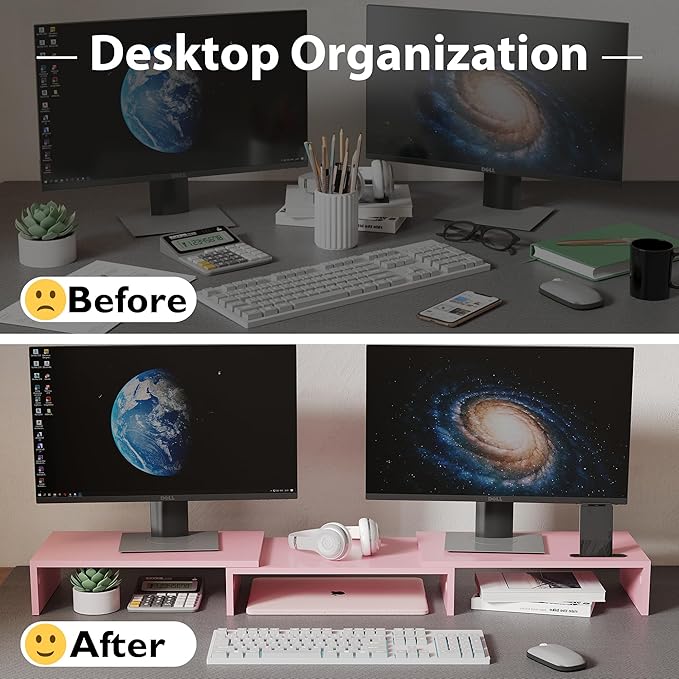 BONTEC Dual Monitor Stand for Desk, Adjustable Length and Angle Monitor Stand Riser with Smartphone Holder, Desk Shelf for Top of Desk, Computer Monitor Stand with Storage, Office Desk Organizer, Pink