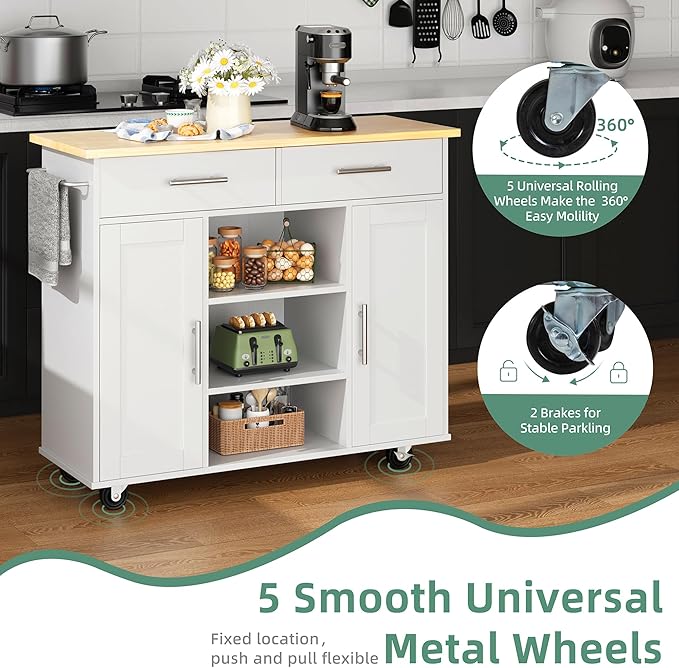 Shintenchi Kitchen Island with Storage, Kitchen Island Cart on Wheels with 3 Open Shelves, 2 Drawers and 2 Cabinets, Rolling Kitchen Table with Large Countertop, White