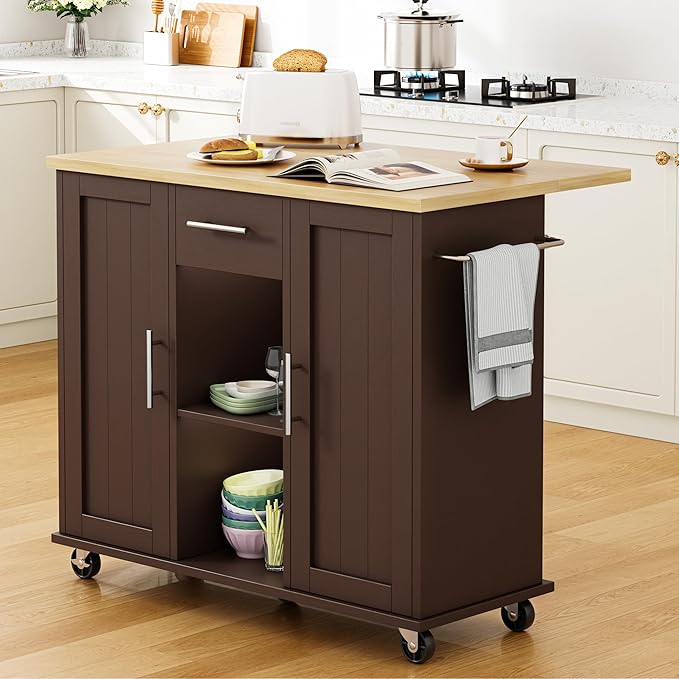 Shintenchi Kitchen Island with Storage, Bar Cart Cabinet Island Table on Wheels, Rolling Microwave Cart for Kitchen with Drop Leaf, Drawers, Towel Rack, Seating Area for Dining Room, Brown