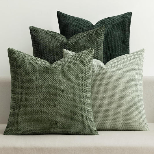 MIULEE Pack of 4 Christmas Couch Throw Pillow Covers 16x16 Inch Green Soft Decorative Chenille Pillow Covers Farmhouse Accent Cushion Covers for Boho Home Decor Sofa Bedroom Living Room