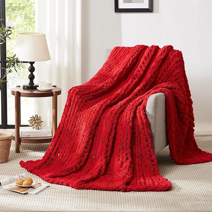 L'AGRATY Chunky Knit Blanket Throw - Soft Chenille Yarn Throw Blanket 60x80 inch: Handmade Cable Crochet Blanket - Large Blankets Chunky Yarn Rope Knot Throw Blanket for Couch Sofa Bed Home Decor