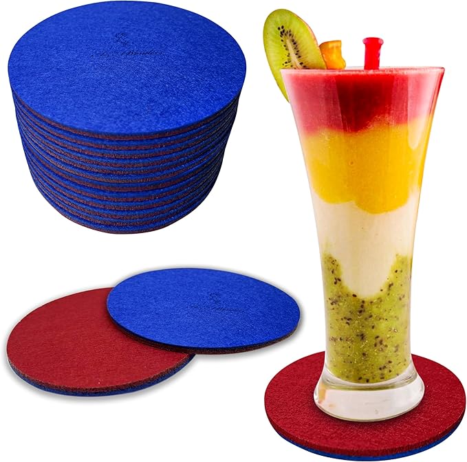 A&A Wonders Premium Felt Coasters for Drink, Two-Tone Reversible, Absorbent Felt Protects Furniture, Table, Anti Slip, Suitable for Drinks & All Table Types (Wine Red/Royal Blue, Circle 12 Pack)