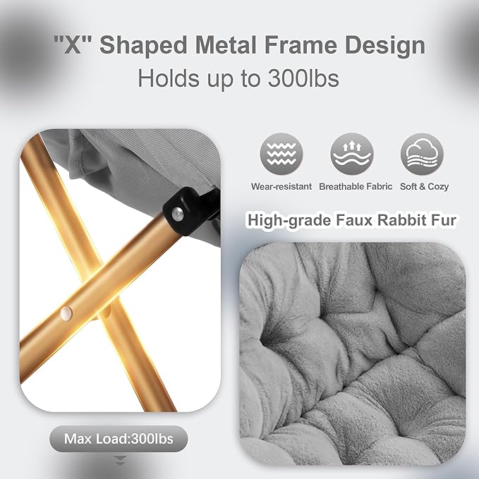 Comfy Saucer Chair, Foldable Living Room Chairs, Soft Faux Fur Lounge Chair for Bedroom, Reading Chairs for Adults, Kids, X-Large (Blue Grey)