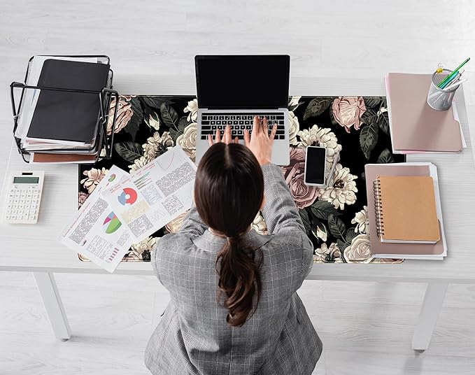 Retro Rose Floral Desk Mat Vintage Flower Plant Mouse Pad XXL Large Gaming Mousepad Cute Desk Pad Computer Mat 31.5x15.75 in, Cool Desktop Accessories for Women Office Desk Decor Keyboard Pad Mat