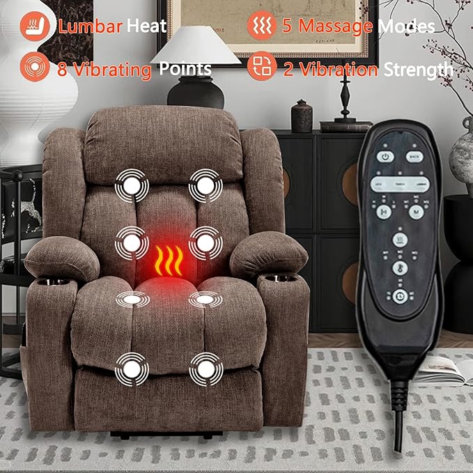 Power Lift Recliner Chair, 350lb Capacity with 8-Point Massage & Heating, USB/Type-C Ports & Cup Holders, Heavy Duty Chenille Recliner for Elderly, Brown