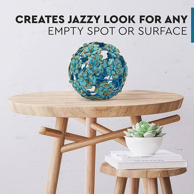 Everydecor Metal Decorative Sphere for Home Decor - Decorative Balls for Shelves, Centerpiece Bowls, Bookshelf - Decoration Orbs Accents for Living Room, Bedroom - Antique Blue Shelf Spheres