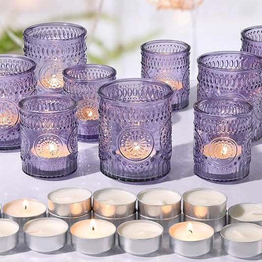 Volens 20pcs Assorted Purple Votive Candle Holders with 20pcs Tealight Candles, Large Glass Votive & Tea Light Candle Holder for Wedding Table Centerpieces, Christmas Party Decorations, Home Decor