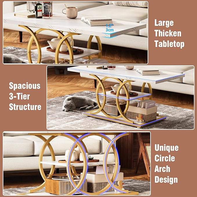 GiftGo Rustic Coffee Table with Storage Modern 3 Tier Center Living Room Table Faux Marble Wooden Rectangle Cocktail Tea Table for Office Bedroom Elegant Full Moon Design (White Gold, L-47)
