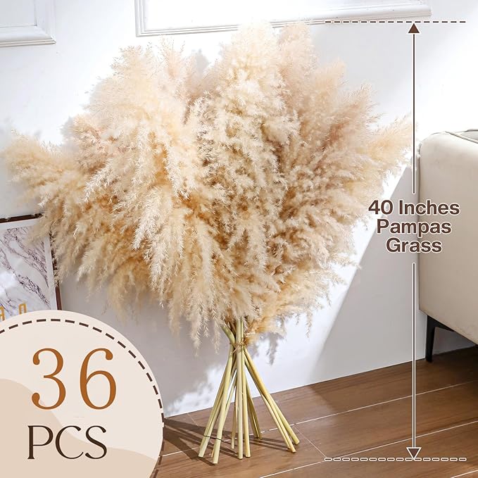 40" inch 36 Stems Natural Pampas Grass Decor Tall, Boho Home Decor,Pompas Grass, Dried Tall Pampas Grass for Wedding Floral Arrangements, Farmhouse,Party
