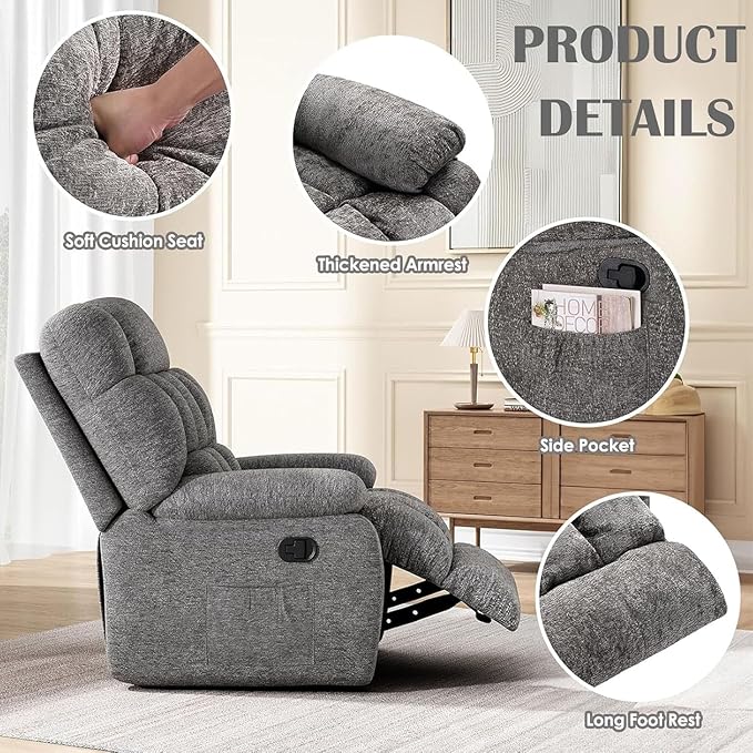 Oversized Recliner Chair, Adjustable Recliner with Side Pockets, Living Room Reclining Lounge Chair for Adults, Small Spaces Comfy Sofa with Theater Seating for Bedroom, Gray