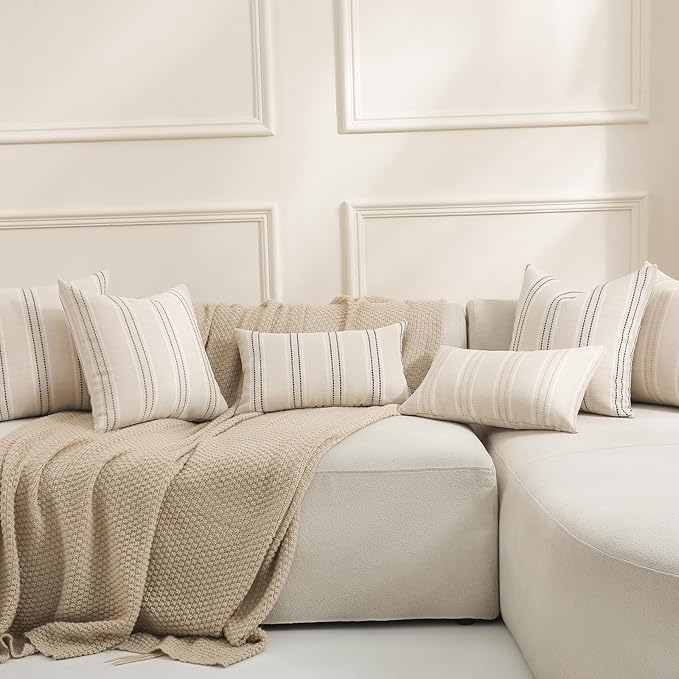 Hckot Throw Pillow Covers 12x20 Set of 2 Striped Pillow Covers Textured Linen Decorative Pillows Lumbar Cushion Covers for Sofa Couch Bed Living Room Farmhouse Decor, Navy