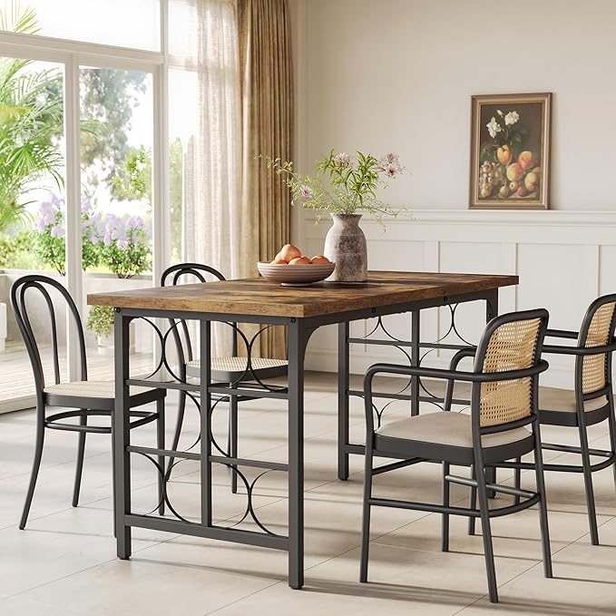 LITTLE TREE Farmhouse Dining Table for 4-6, 54.7-Inch Wooden Rectangle Kitchen Dining Room Table, Industrial Rustic Dinner Desk for Kitchen, Living Room, Home, Brown