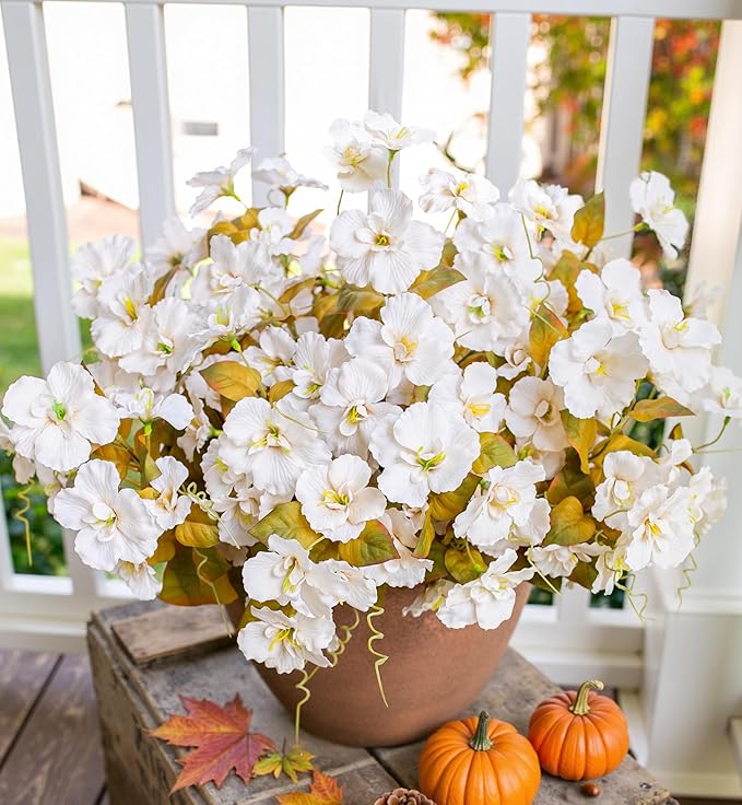 INSPRING Fake Fall Flowers Artificial Mums for Outdoors Autumn Decoration, Faux Silk Flowers Plants Realistic UV Resistant Tropical Flower Artificial for Outside Planter Patio (FWhite, 6 Bundles)