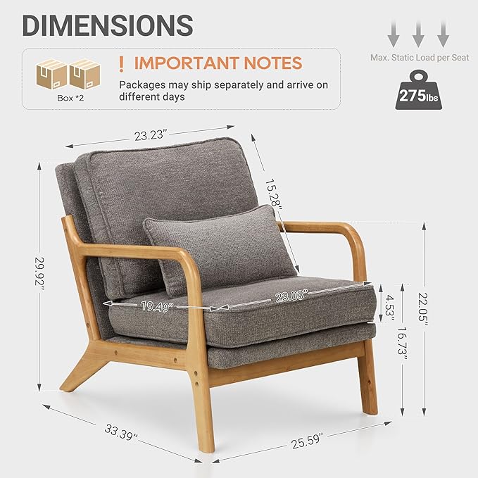 COLAMY Mid Century Modern Accent Chair Set of 2 with Lumbar Pillow, Relaxing Armchair with Solid Wood Frame & Soft Cushion, Reading Leisure Chair for Living Room,（Grey）