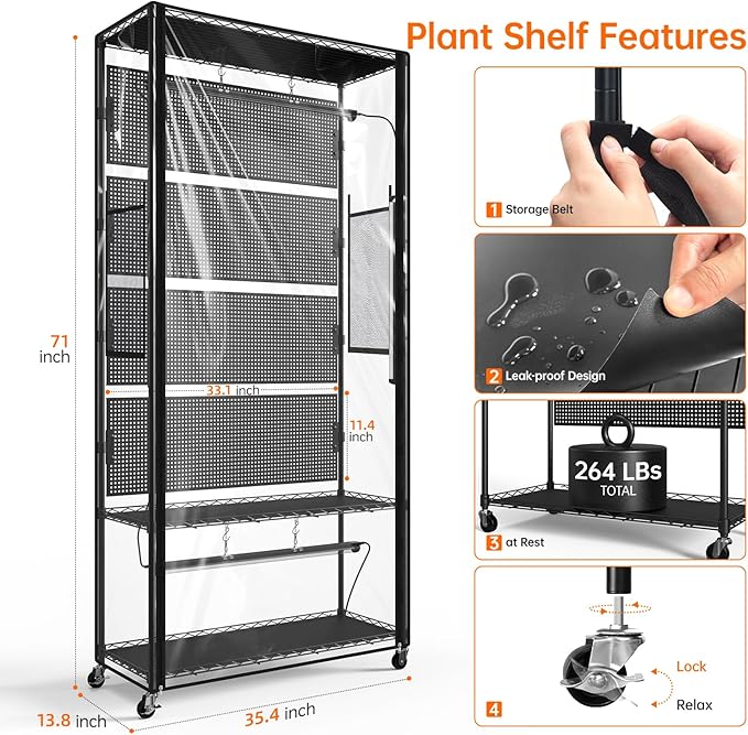 Bstrip Indoor Greenhouse with Grow Light & 4 Pegboard, Mini Green House with Adjustable Rack and Wheels, 4 x 24W Full Spectrum Grow Light Strip for Foliage Plants, Seedling, 35.4"x13.8"x71"