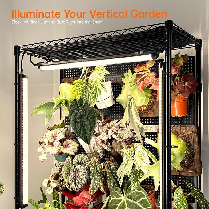 Bstrip Plant Shelf with Grow Light & Pegboard, Metal Plant Stand with Adjustable Rack and Wheels, 4 x 24W Full Spectrum Grow Light Strip for Indoor Plants, Foliage Plants, Seedling, 29.5"x13.8"x59"