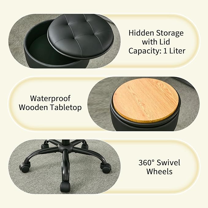 Rolling Stool, Adjustable Height Leather Esthetician Stool Thick Seat Cushion 20.67"-24.61", Black Vanity Chair with Storage