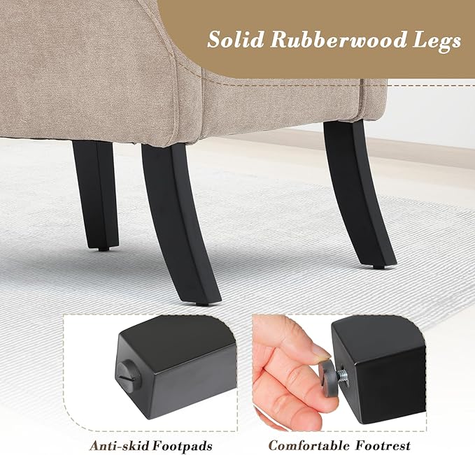 Athena Collection Mid Century Modern Chair for Living Room, Upholstered Wingback Reading Chair for Adults, Comfy Linen Fabric Armchair with Wooden Legs for Bedroom, Dorm, Balcony, Beige