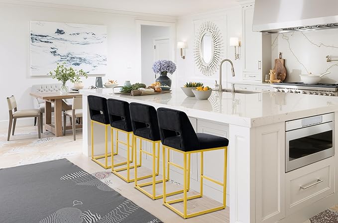 Black and Gold Counter Height Bar Stools Set of 6 for Kitchen Counter Modern Bar Chairs with Backs for Kitchen Island with Upholstered Fabric Seat and Metal Frame, 26 Inch