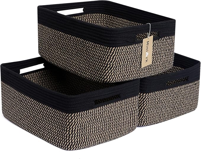 Large Storage Baskets for Shelves, Closet Organizers Bins for Clothes Blanket Towels, Baby Nursery, Toy Baskets Box, Woven Rope Baskets, 17 x 13 x 7.5”, 3 Packs Woven Brown
