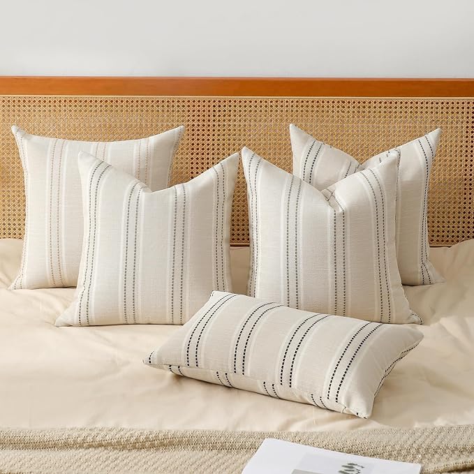 Hckot Throw Pillow Covers 20x20 Set of 2 Striped Pillow Covers Textured Linen Decorative Pillows Square Cushion Covers for Sofa Couch Bed Living Room Farmhouse Decor, Grey