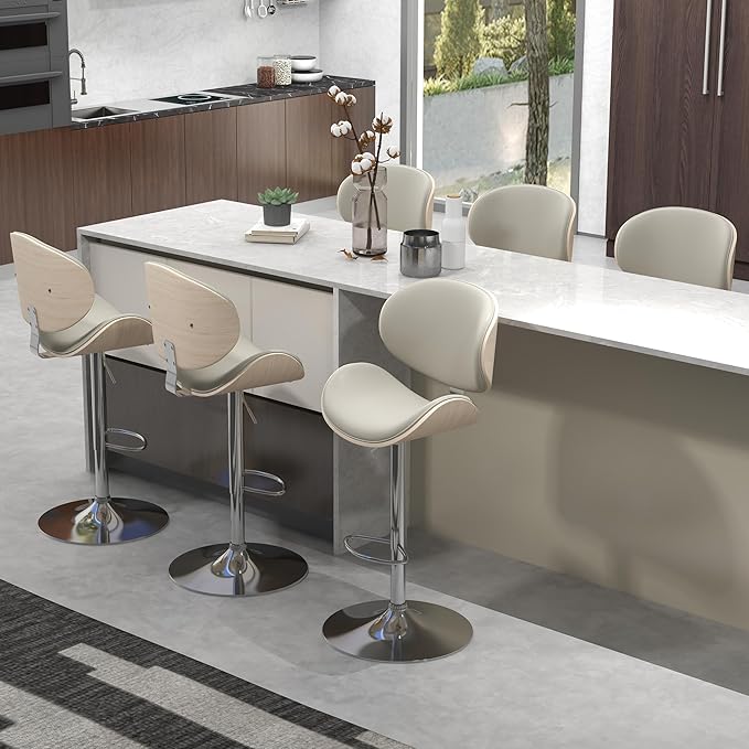 civama Bar Stools Set of 2 for Kitchen Counter, Adjustable Bar Height Chairs, Modern Swivel Barstools with Bentwood Seat and Back with Footrest, for Kitchen Island, Dining Room, Grey PU Leather