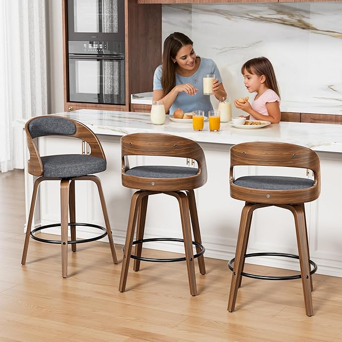 Swivel Bar Stools Set of 2, 26" Upholstered Linen Fabric Barstools with Bentwood Legs, Mid Century Modern Counter Height Bar Stools with Back for Kitchen Island, Dining Room, Grey