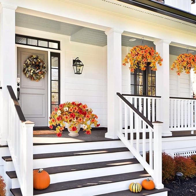 Artificial Fake Fall Flowers with Hanging Basket for Outdoor Fall Decoration, Silk Faux Flowers UV Resistant Fake Plants for Home Porch Patio Garden Window Box Autumn Decor Look Real (Orange)