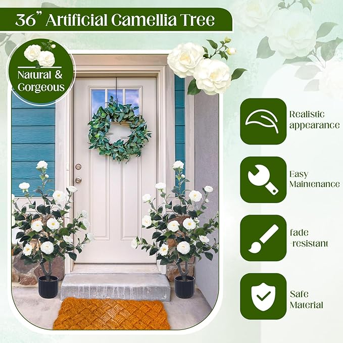 Jexine 2 Pack 36" Artificial Tree with Camellia, Fake Tree with 24 Blooming Flowers, Flower Plants Tree Faux Floral Plant Tree in Cement Pot for Indoor Outdoor Office Home Porch Decor (White, 36")