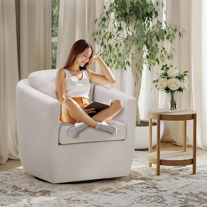 COLAMY Swivel Accent Chair, Round Upholstered Swivel Barrel Armchair Metal Base Fabric Chair Modern No Assembly Sofa Chair for Living Room Bedroom Reading Apartment Nursery, Beige(2pc)