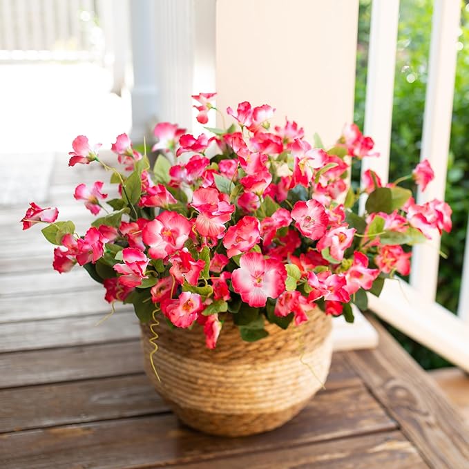 Fake Hibiscus Artificial Flowers for Outdoors Spring Summer Decoration, 6 Bundles Silk Pink Hibiscus Flowers Bouquet UV Resistant Look Real Faux Plants for Outside Planter Front Door Porch Balcony