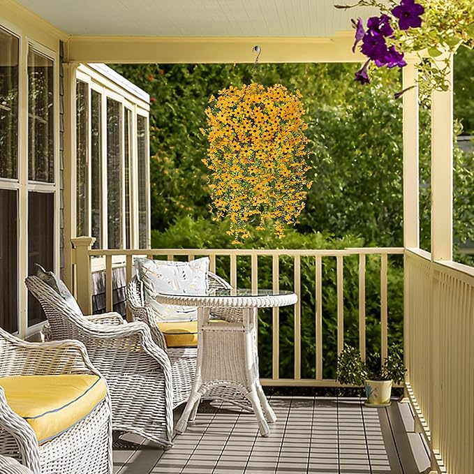 Fake Mums Fall Artificial Hanging Flowers for Outdoors Plants Decoration, 2 Bundles Faux Silk Colorful Daisy Eucalyptus Realistic UV Resistant for Outside Home Planter Porch Patio Yard Decor(Yellow)